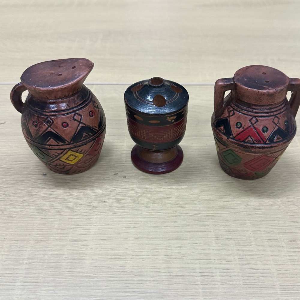 Native American Vintage Redware Salt and Pepper Shakers and Toothpick Holder EUC